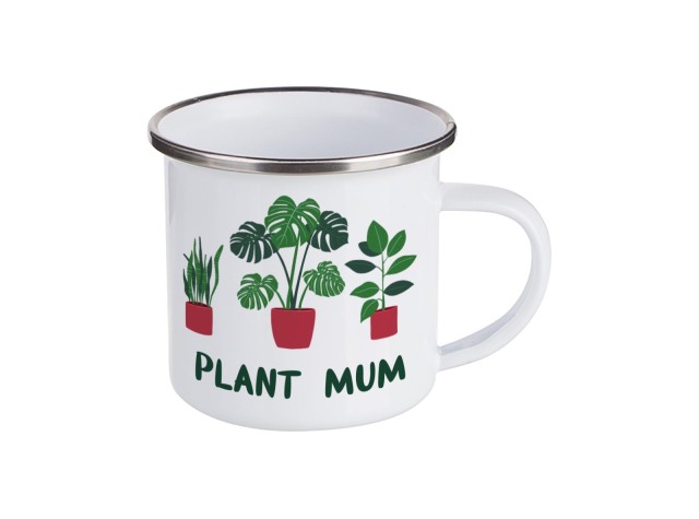 white enamel garden mug with the design for a plant mum